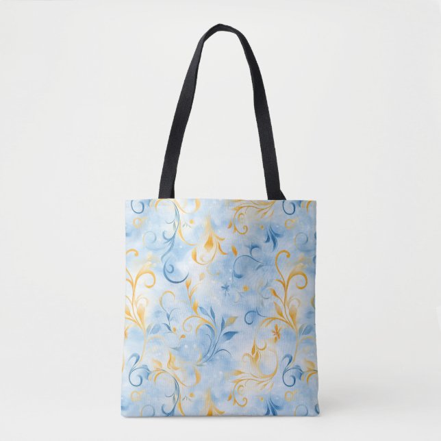 Elegant Blue och Guld Paisley-Inspired Löv Tygkasse (Framsida)