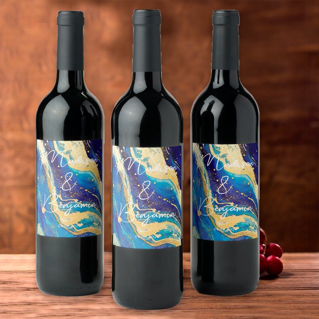 Elegant Blue och Guld Personlig Bröllop Vin Vinflaska Etikett (Skapare uppladdad)