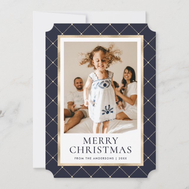 Elegant Blue och Guld Photo God jul Card Julkort (Framsida)