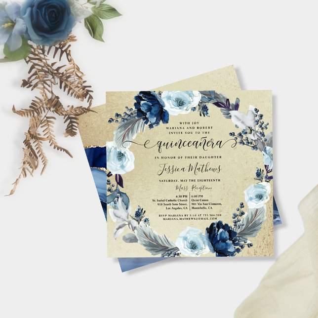 Elegant Blue och Guld Quinceañera, Blommigt Inbjudningar (Skapare uppladdad)