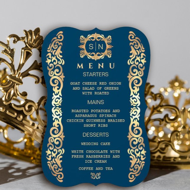 Elegant Blue och Guld Ram Bröllop Menu (#zazzlemade #royal #blueandgold #goldframe #luxury #vintagegoldframe #illustratorgoldframe #origena)