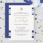 Elegant Blue och Guld Stripe Tallit Pub Mitzvah I Inbjudningar<br><div class="desc">Vänner och familj i inbjudan med den här eleganten, Pub Mitzvah-inbjudan med blå, blek blå, vit och guld-randig utformning. Möjlighet att lägga till information om ceremoni och mottagning, lunch, middag eller party! Guld rand, Pub Mitzvah-frasen och David-stjärnan i faux guld foil. Modern skriftlig information om kalligrafi. Snyggt tillbaka i blått...</div>