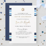 Elegant Blue och Guld Stripe Tallit Pub Mitzvah Inbjudningar<br><div class="desc">Vänner och familj i inbjudan med den här eleganten, Pub Mitzvah-inbjudan med blått, marinskt, vitt och guld-randigt talitdesign! Möjlighet att lägga till information om ceremoni och mottagning, lunch, middag eller party! Guld rand, Pub Mitzvah-frasen och David-stjärnan i faux guld foil. Modern skriftlig information om kalligrafi. Snyggt tillbaka i marinblått med...</div>