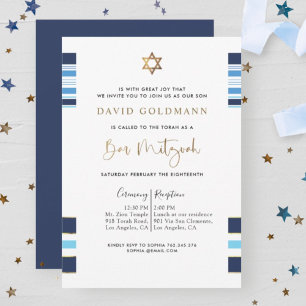 Elegant Blue och Guld Stripe Tallit Pub Mitzvah Inbjudningar