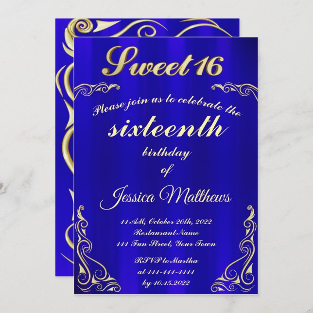 Elegant Blue och Guld Typografi Sweet 16 Inbjudningar (Fram/baksida)