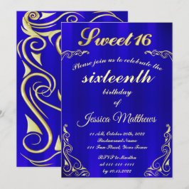 Elegant Blue och Guld Typografi Sweet 16 Inbjudningar