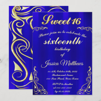 Elegant Blue och Guld Typografi Sweet 16 Inbjudningar