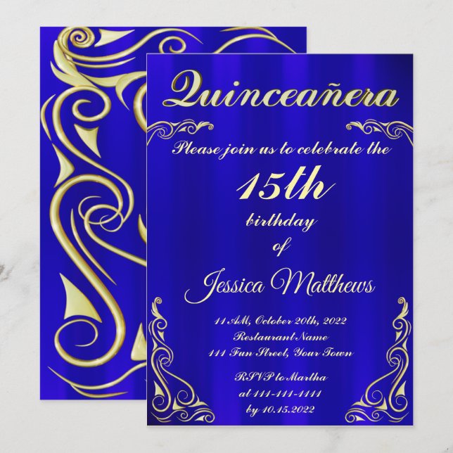 Elegant Blue och Guld Typography Quinceañera Inbjudningar (Fram/baksida)