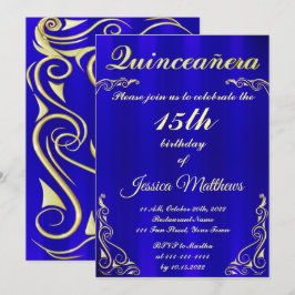 Elegant Blue och Guld Typography Quinceañera Inbjudningar