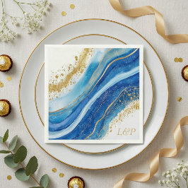 Elegant Blue och Guld vattenfärgen Monogram Napkin Pappersservett