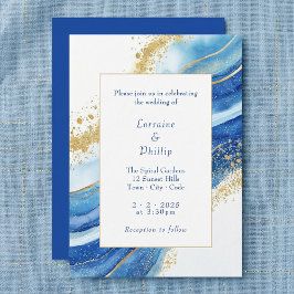 Elegant Blue och Guld Watercolor Bröllop Inbjudningar