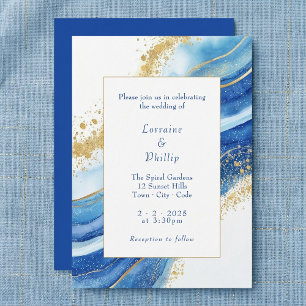 Elegant Blue och Guld Watercolor Bröllop Inbjudningar