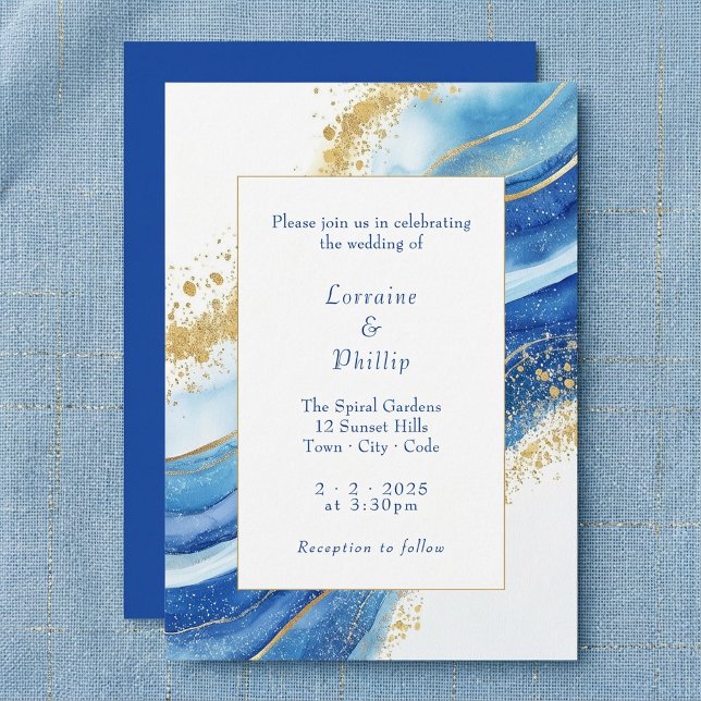 Elegant Blue och Guld Watercolor Bröllop Inbjudningar (Elegant Blue and Gold Watercolor Wedding Invitation)
