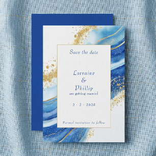 Elegant Blue och Guld Watercolor Bröllop Spara Datumet