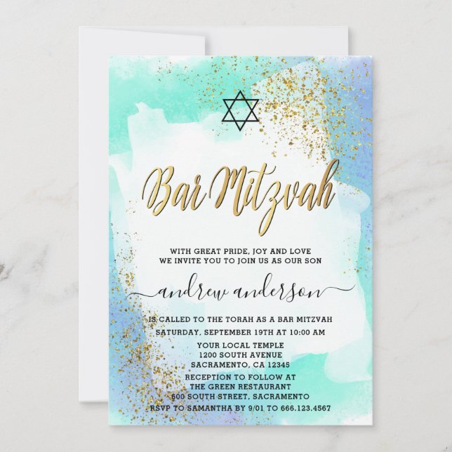 Elegant Blue och Guld Watercolor Pub Mitzvah Inbjudningar (Framsida)