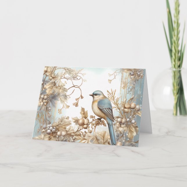 Elegant Blue- och Guld Winter Bird Design Kort (Framsida)