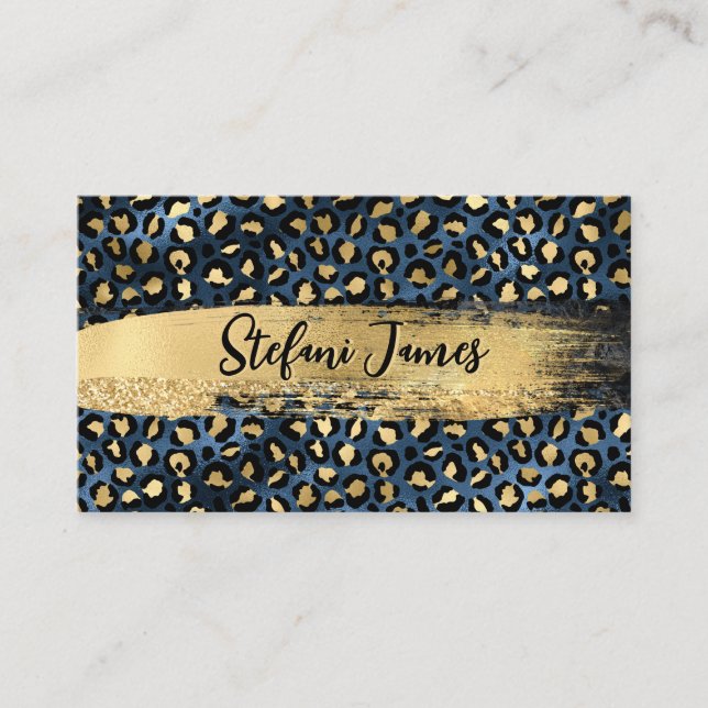 Elegant Blue- och guldfjolleopard Brush Stroke Visitkort (Framsida)