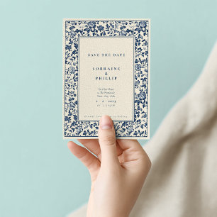 Elegant blue och kräm blommigt vintage stil spara datumet