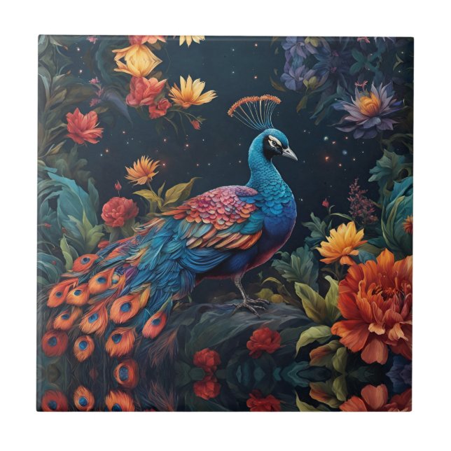 Elegant Blue och range Peacock Star Filled Garden Kakelplatta (Framsidan)