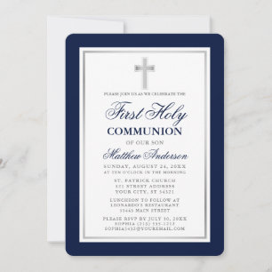 Elegant Blue och Silver First Heliga Communision Inbjudningar