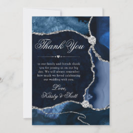 Elegant Blue och Silver Glitter Agate Bröllop Tack Kort
