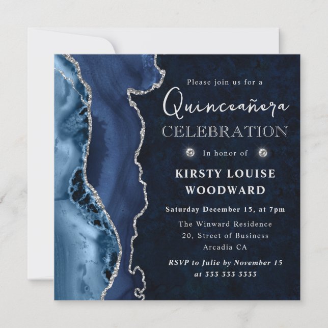 Elegant Blue och Silver Glitter Agate Quinceanera Inbjudningar (Framsida)