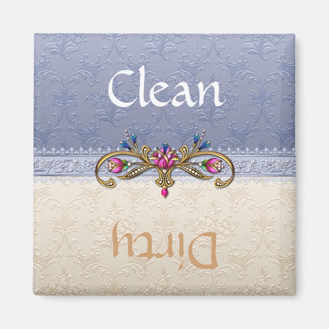 Elegant Blue och Tan Damask Dishwasher Magnet (Framsidan)