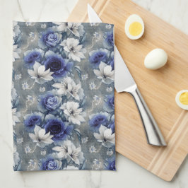 Elegant Blue och Vit ros och Lilies Kökshandduk