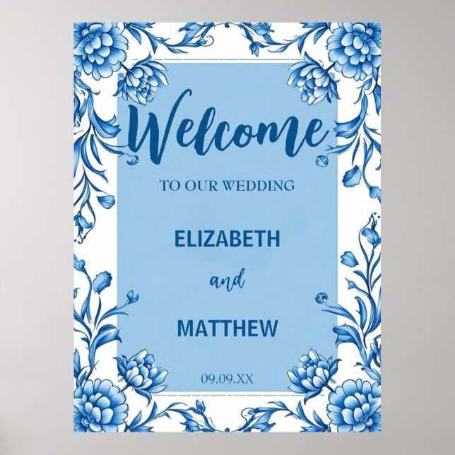Elegant blue och white Chinoiserie antique Bröllop Poster (Framsidan)
