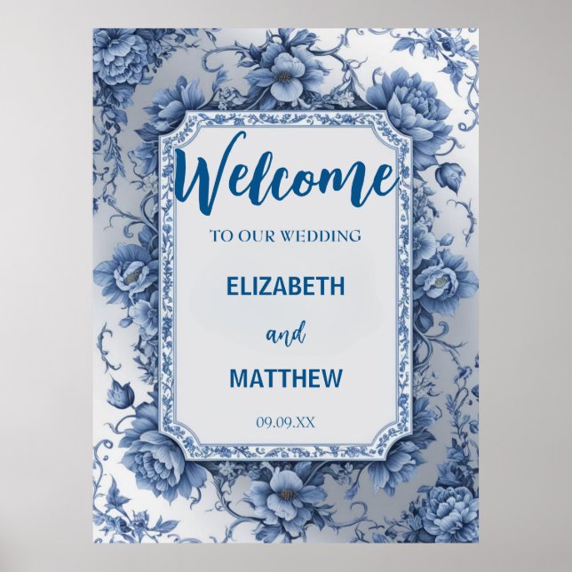 Elegant blue och white Chinoiserie antique Bröllop Poster (Framsidan)
