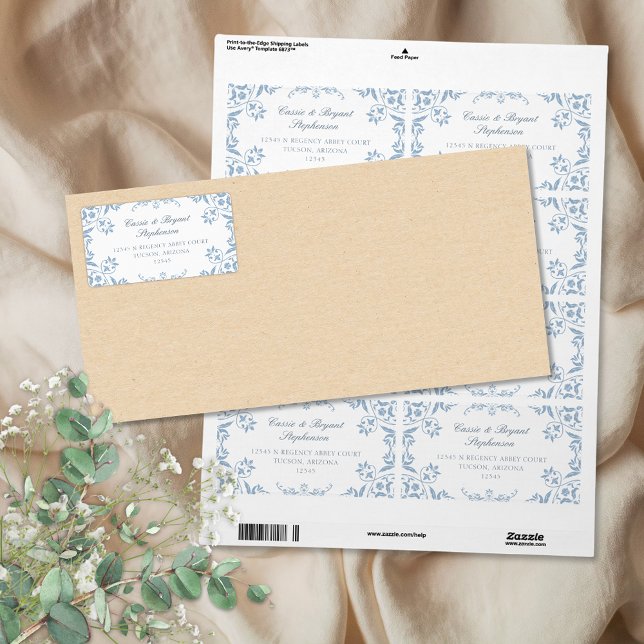 Elegant Blue och White Chinoiserie Gräns Bröllop Fraktsedel (elegant blue and white return address labels with decorative border and chinoiserie vintage design)