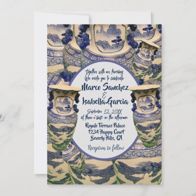 Elegant blue och white chinoiserie stil bröllop inbjudningar (Framsida)