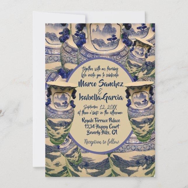 Elegant blue och white chinoiserie stil bröllop inbjudningar (Framsida)