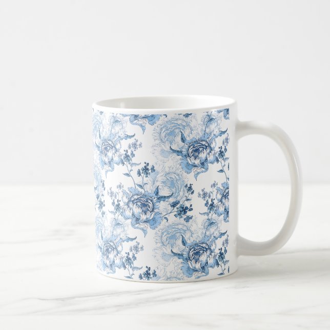 Elegant Blue och White Engraved Peonies Kaffemugg (Höger)