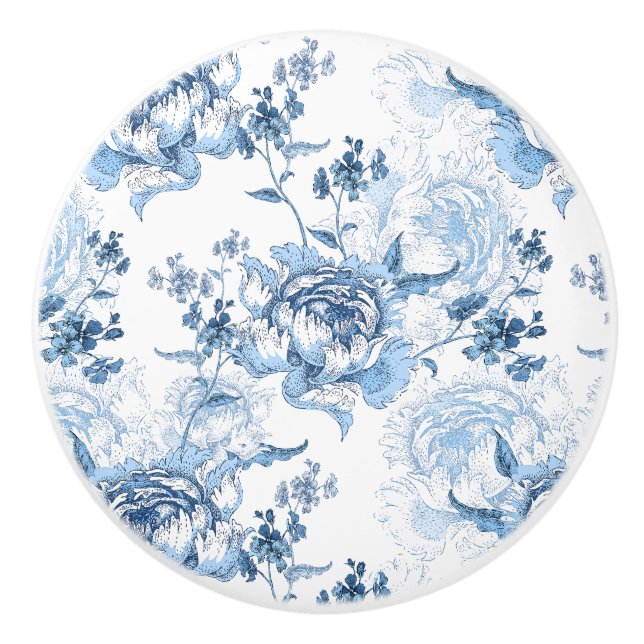 Elegant Blue och White Engraved Peonies Knopp (Framsidan)
