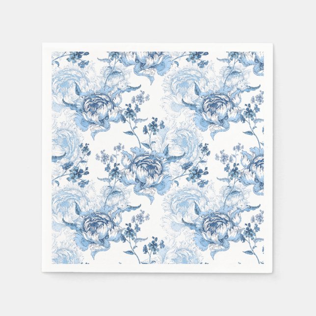 Elegant Blue och White Engraved Peonies Pappersservett (Framsidan)