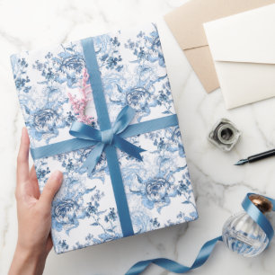 Elegant Blue och White Engraved Peonies Presentpapper