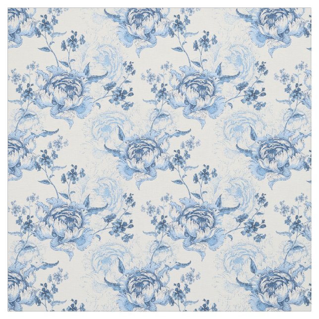 Elegant Blue och White Engraved Peonies Tyg (Provkarta)