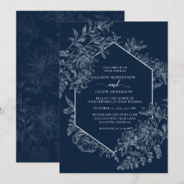 Elegant Blue och White Geometric Blommigt Bröllop Inbjudningar
