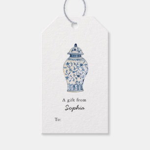Elegant Blue- och white Ginger Burk Gift-märkre Presentetikett