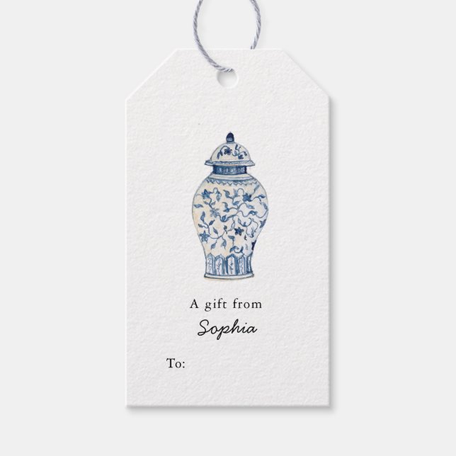 Elegant Blue- och white Ginger Burk Gift-märkre Presentetikett (Framsidan)