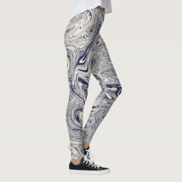 Elegant Blue och White Marble Swirl Leggings