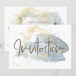 Elegant Blue Ombré Watercolor Guld accents Bröllop Inbjudningar