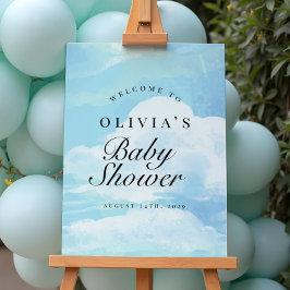 Elegant Blue On Cloud 9 Baby Shower Välkomstskylt Poster