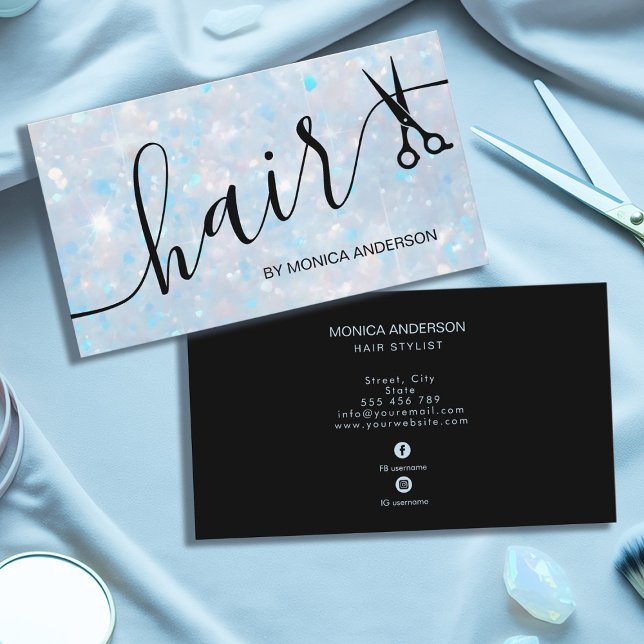 Elegant Blue Opal Glitter Hair Script Scissors Visitkort (Elegant Blue Opal Glitter Hair Script Scissors Business Card)