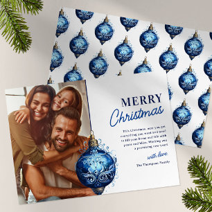 Elegant Blue Ornament Photo jul Julkort