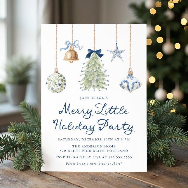 Elegant Blue Ornaments Merry Little Holiday Party Inbjudningar (Skapare uppladdad)