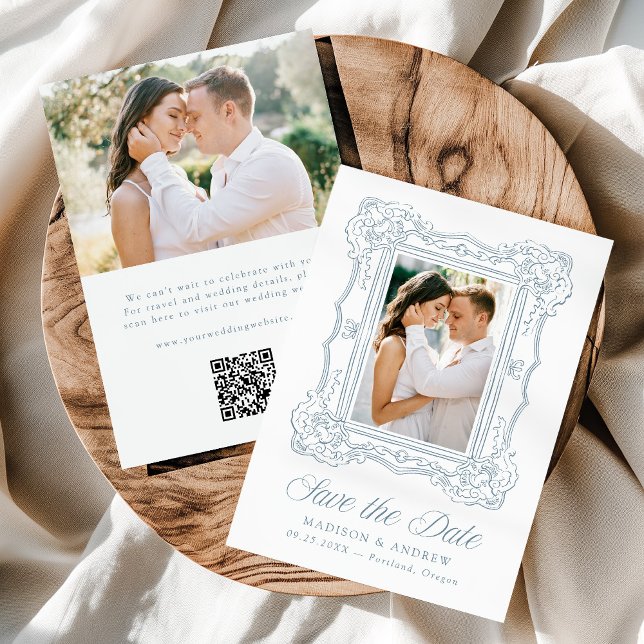 Elegant Blue Ornate Frame 2 Photo QR Code Wedding Spara Datumet (Skapare uppladdad)