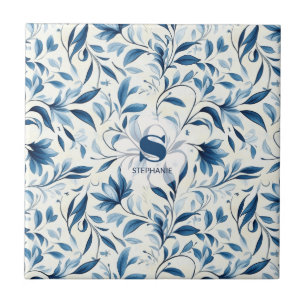 Elegant Blue Paisley Lövs - Vit bakgrund (1) Kakelplatta