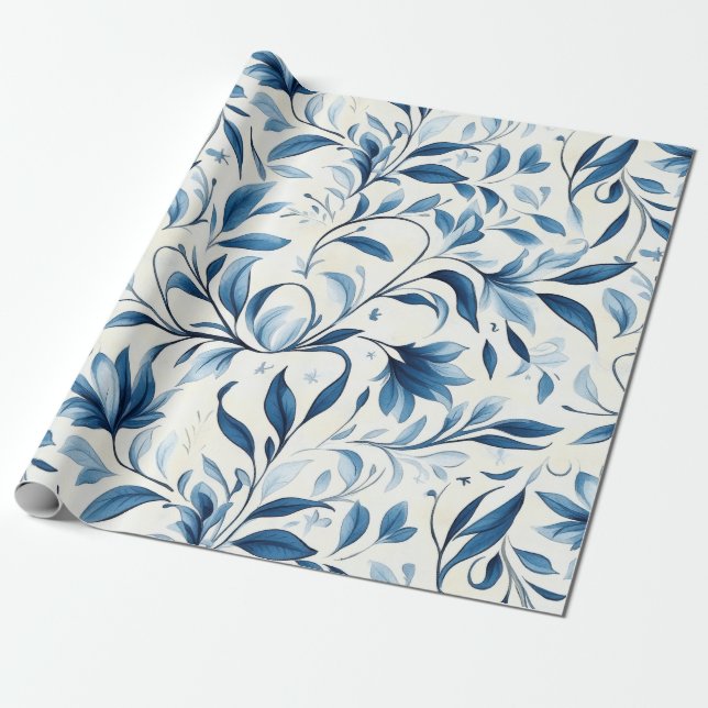Elegant Blue Paisley Lövs - Vit bakgrund (1) Presentpapper (Utrullad)